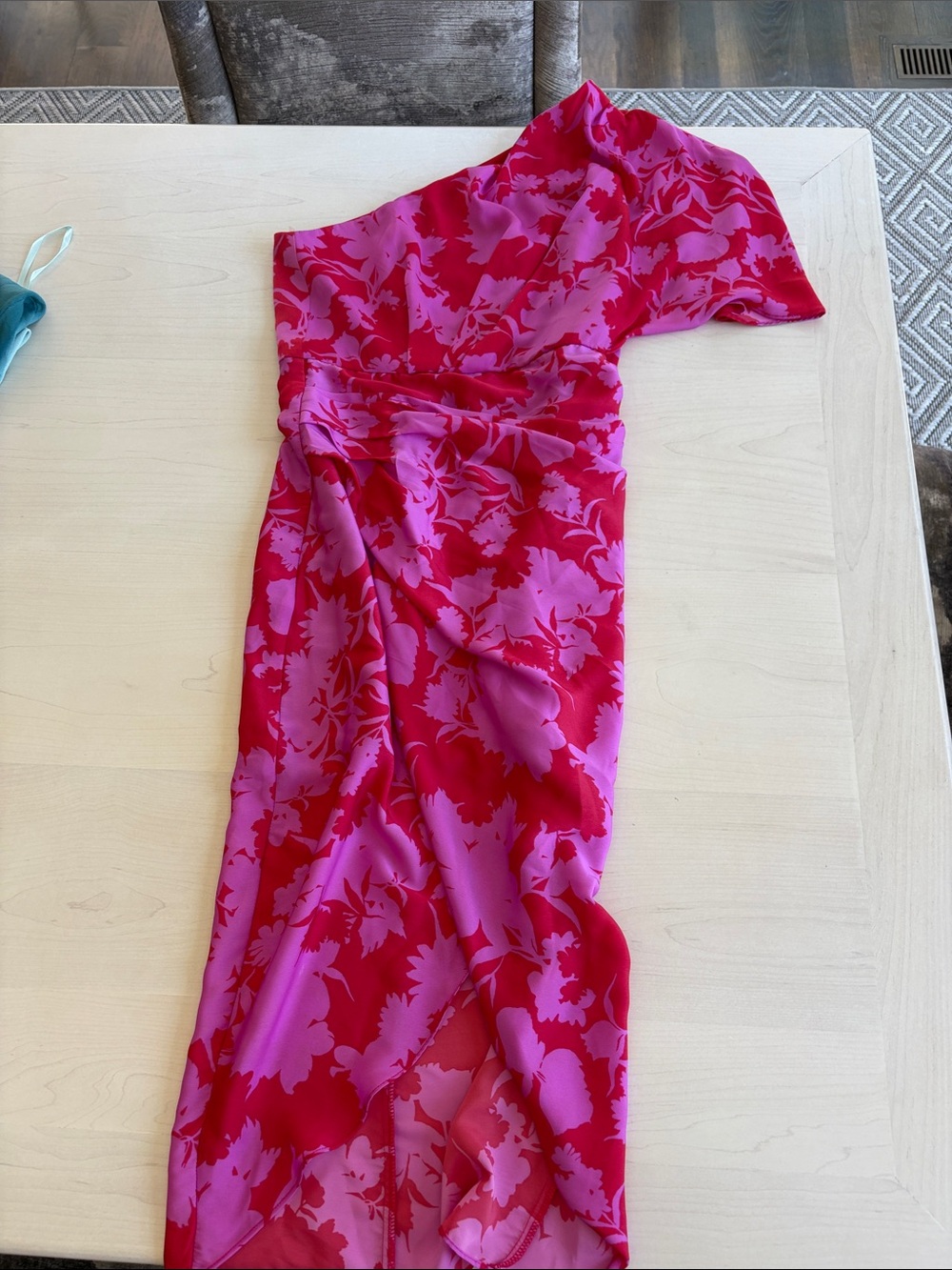 DO+BE One-Shoulder Fuchsia and Magenta Floral Midi Dress